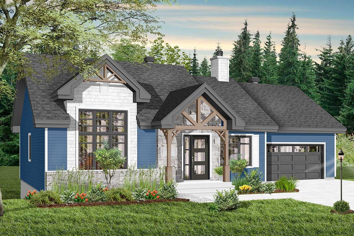 House plan exterior: Blue and white siding, stone accents, gabled roof, covered entryway with timber accents, and attached garage.