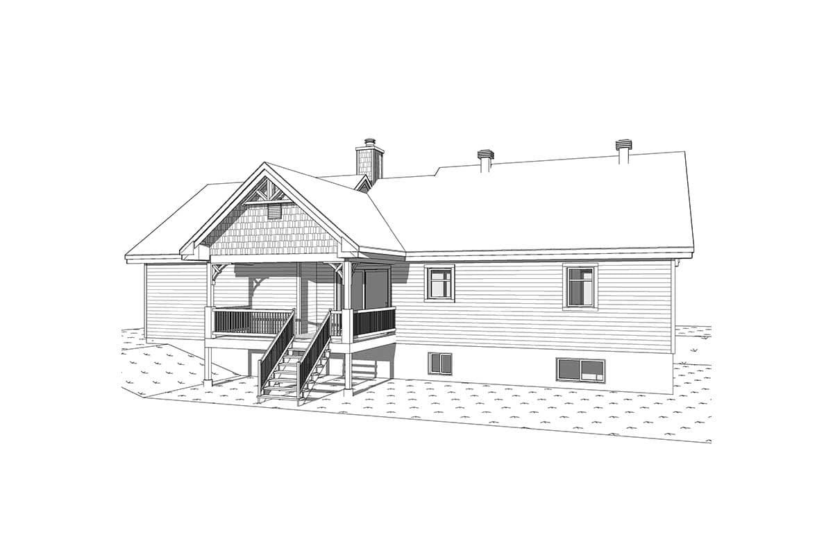House plan exterior, two-story home with a covered front porch, prominent gable with shingle siding, and a chimney.