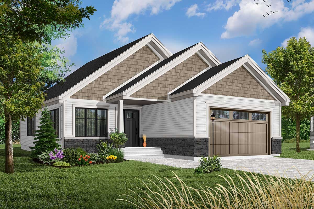 House plan exterior with Craftsman style, single-story, front-facing gables, porch, and attached garage.