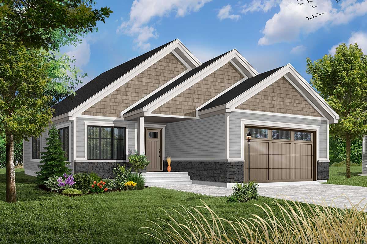 House plan exterior: Single-story home with prominent gables, shake siding, covered entry, and attached two-car garage.