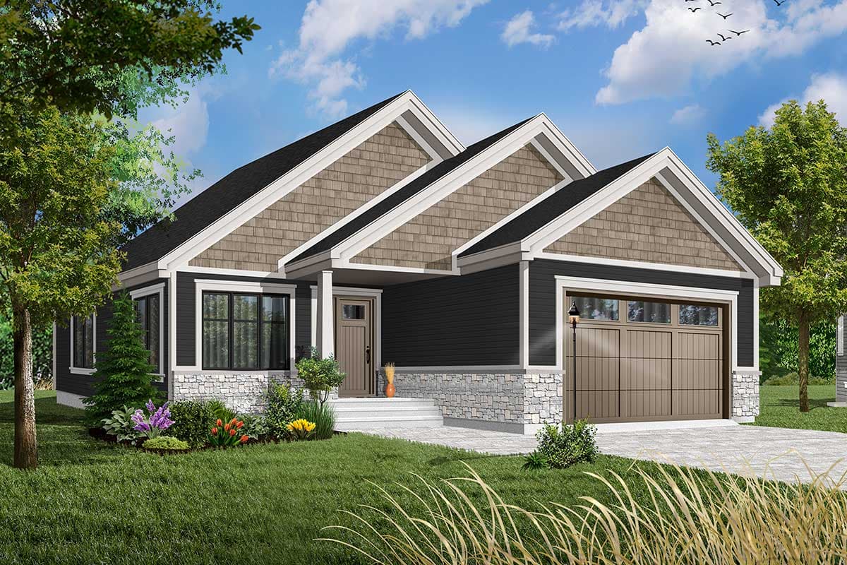 House plan exterior: Single-story Modern Ranch with prominent gables, stone wainscoting, and attached two-car garage.