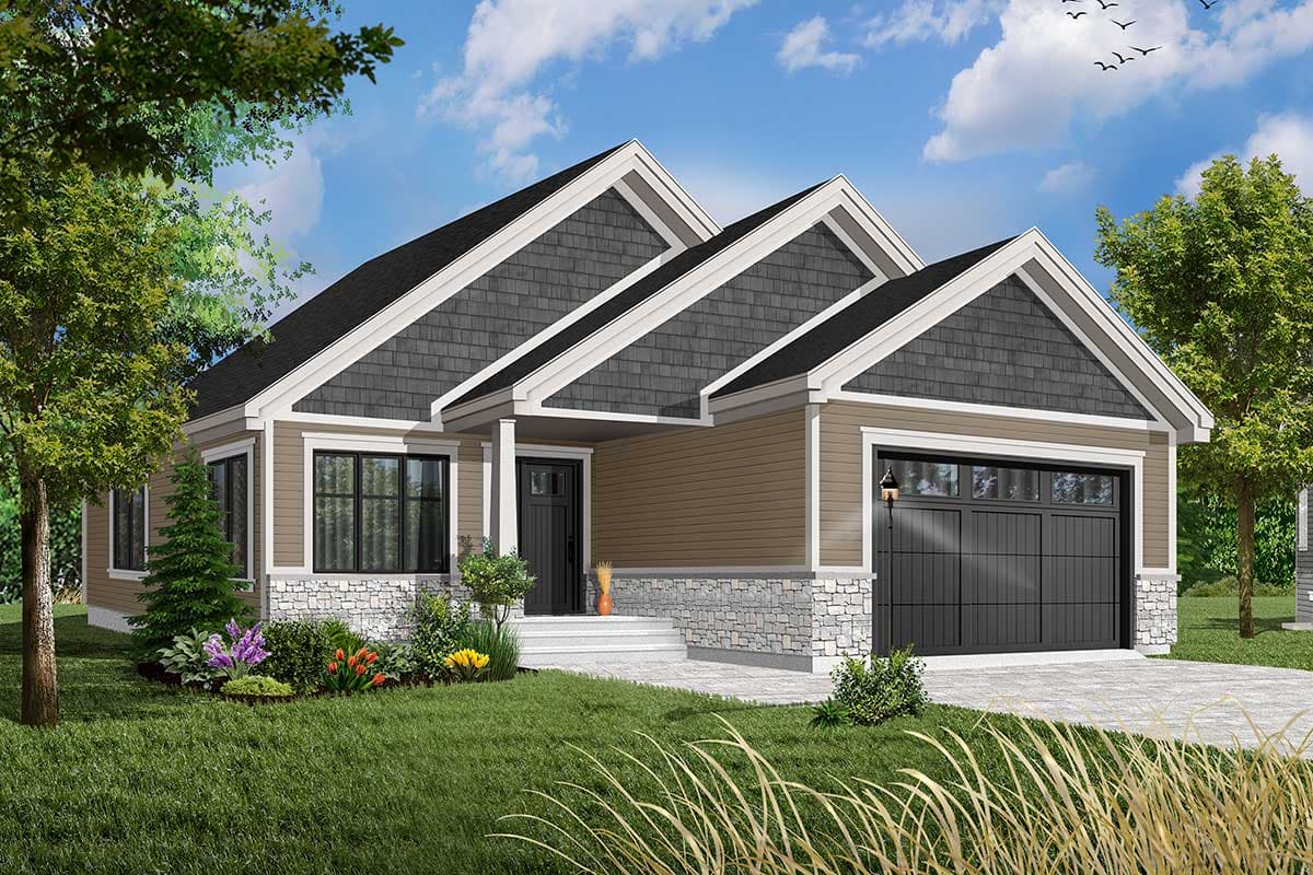 House plan exterior: One-story modern home with prominent gables, stone and siding exterior, and attached garage.