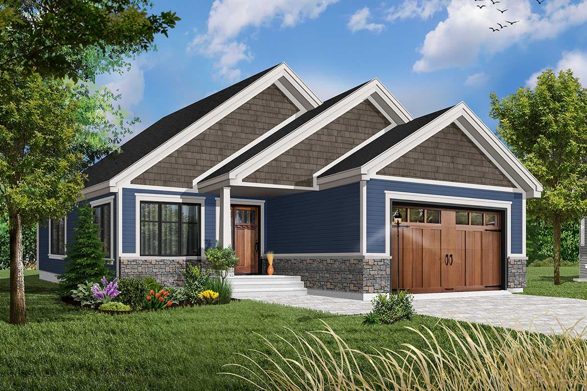 Modern Farmhouse house plan exterior with three gables, stone wainscoting, covered entry, and a side-facing garage.