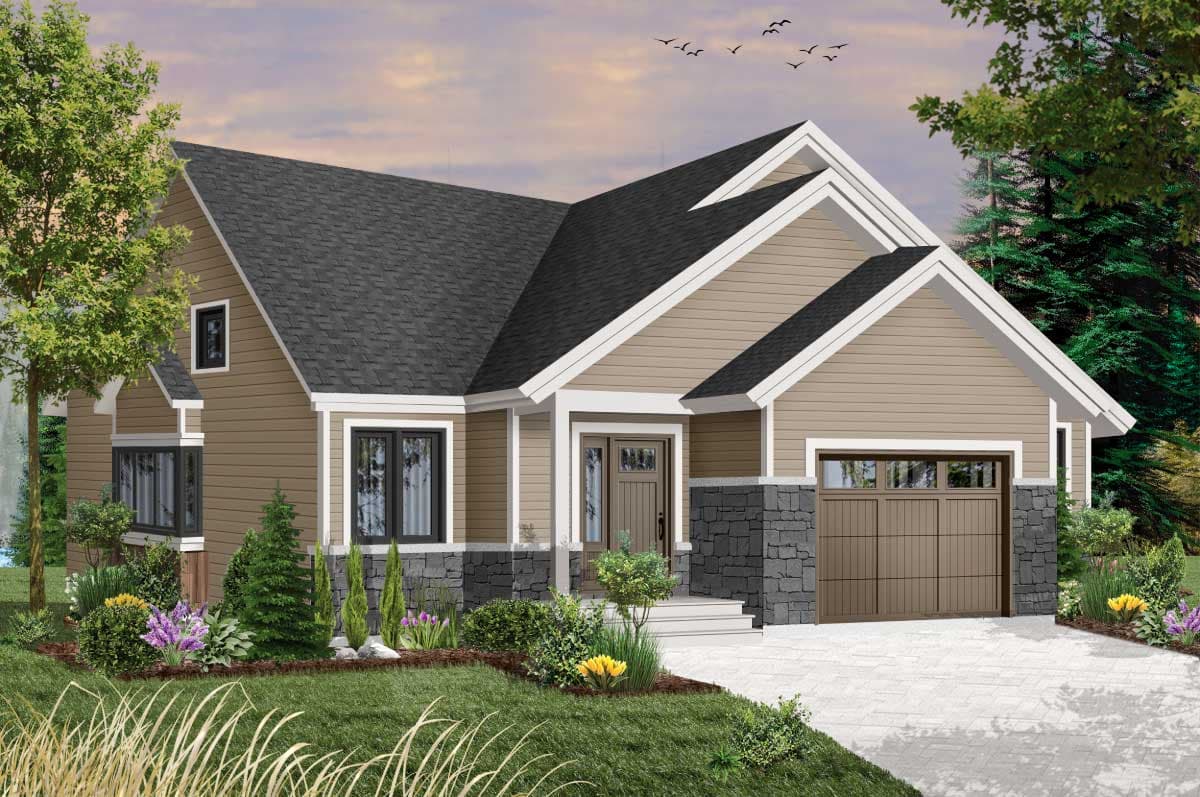House plan exterior: Modern Ranch style, single story, with stone accents, prominent gable rooflines, covered entry, and attached garage.
