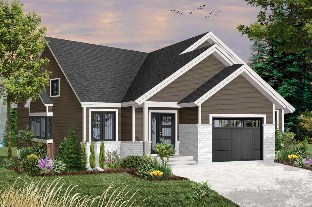 House plan exterior: Single-story modern home with gabled roof, front entry porch, and attached garage.