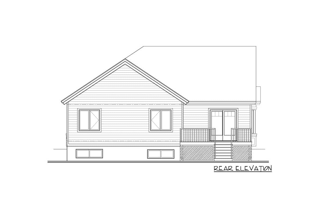 Rear elevation drawing of a house plan with a gable roof, two windows, and a covered rear porch with steps.