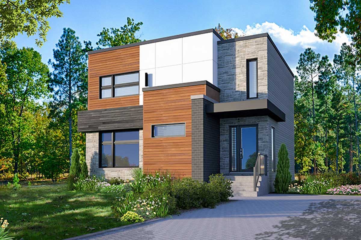 Modern two-story house plan exterior with wood siding, stone accents, flat rooflines, and horizontal windows.
