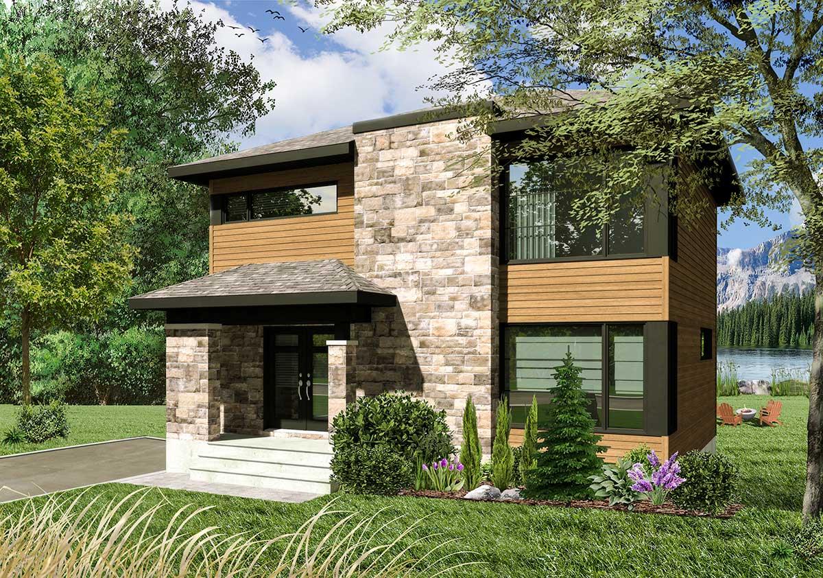 House plan exterior. Two-story modern house with stone and wood siding. Features include a covered entry, flat rooflines, and large windows.