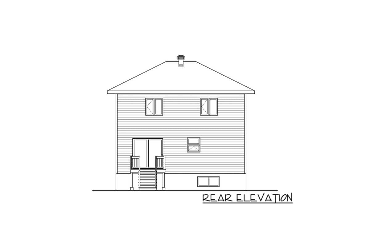 Rear elevation of a two-story house plan featuring a pitched roof, double sliding doors, and multiple windows.