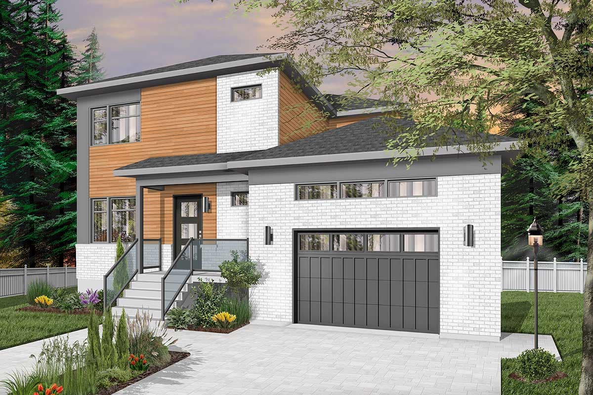 House plan exterior with modern design. Two-story home with a flat roof, wood siding accent, a glass-railed porch, and an attached garage.