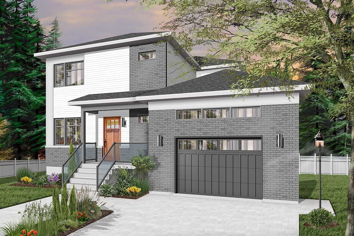 Modern house plan exterior with two stories, white siding, gray brick, covered porch, and attached garage.