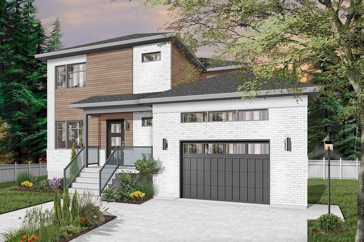 Two-story modern house plan exterior with white brick, wood siding, large garage, and glass railing porch.