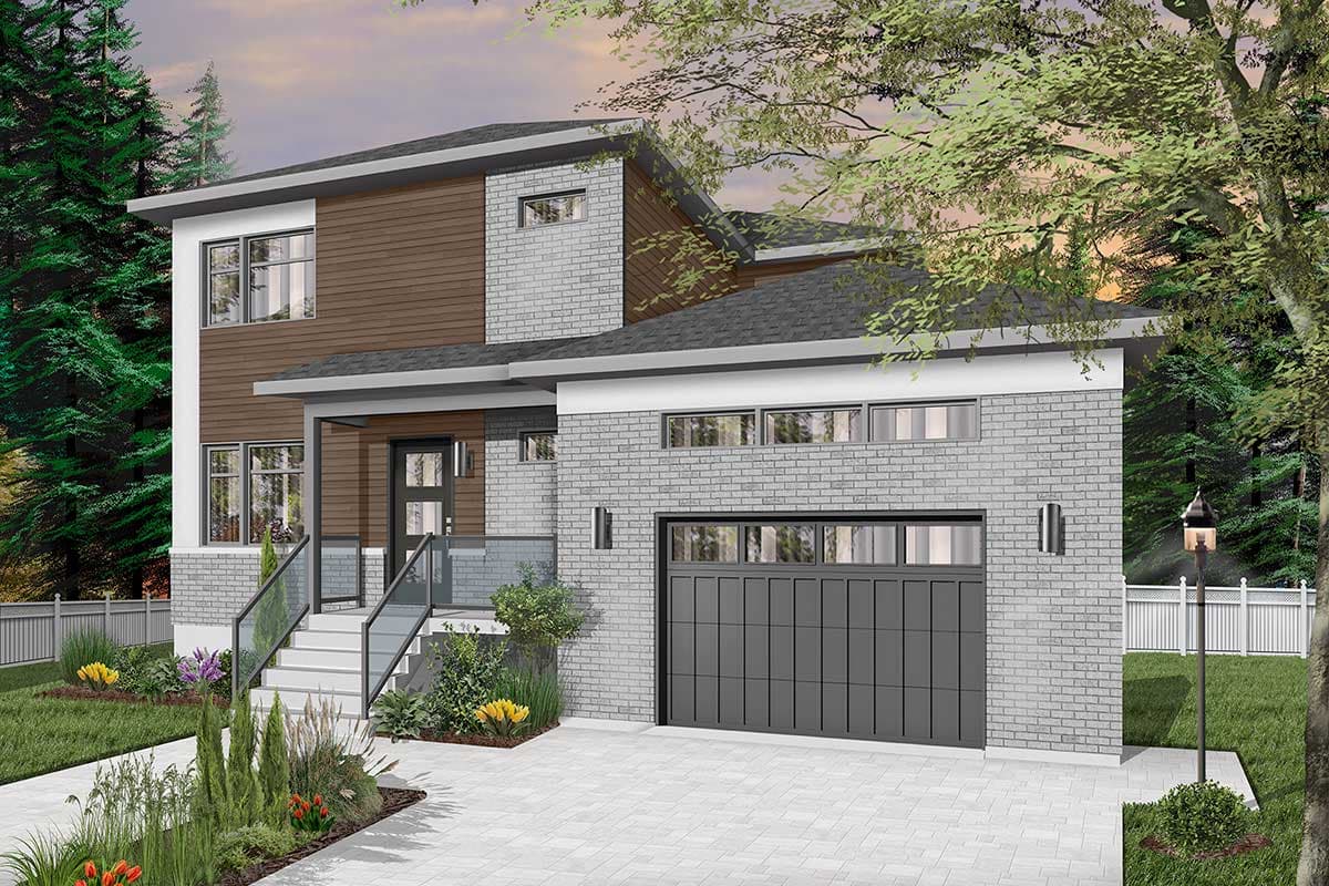 Modern house plan exterior with two stories, brick facade, horizontal siding, gabled roof, covered entry, and attached garage.