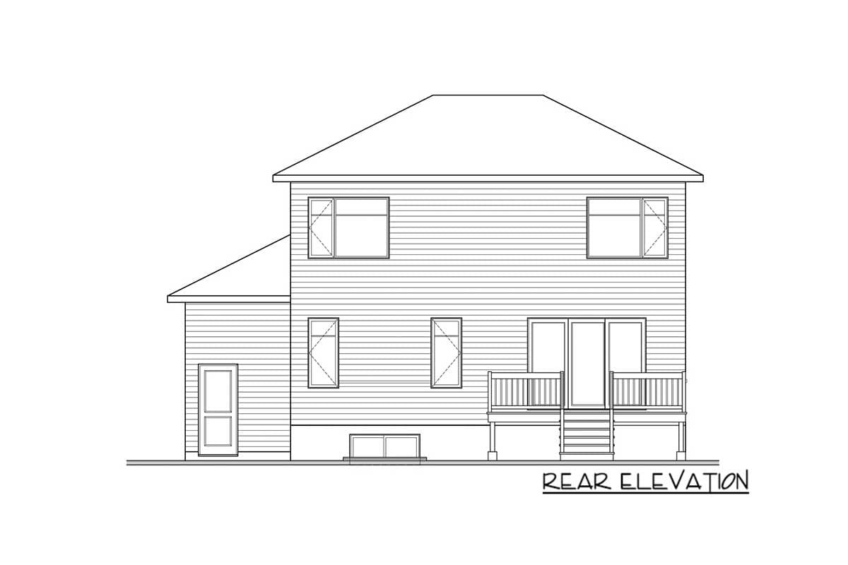 Rear elevation of a two-story house plan featuring horizontal siding, upper and lower level windows, a side door, and a rear deck with stairs.