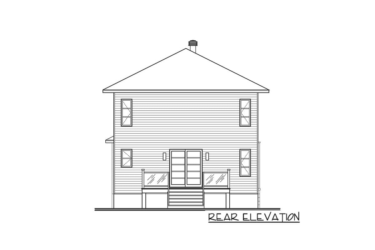 Rear elevation drawing of a two-story house plan with siding, central double doors, a deck with glass railings, and several windows.
