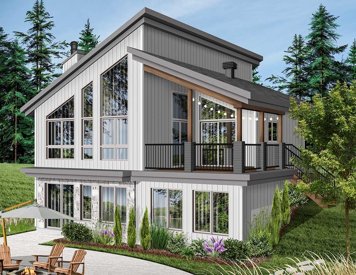 Modern house plan exterior with multiple gables, a covered deck, and tall, angular windows on a sloped lot.