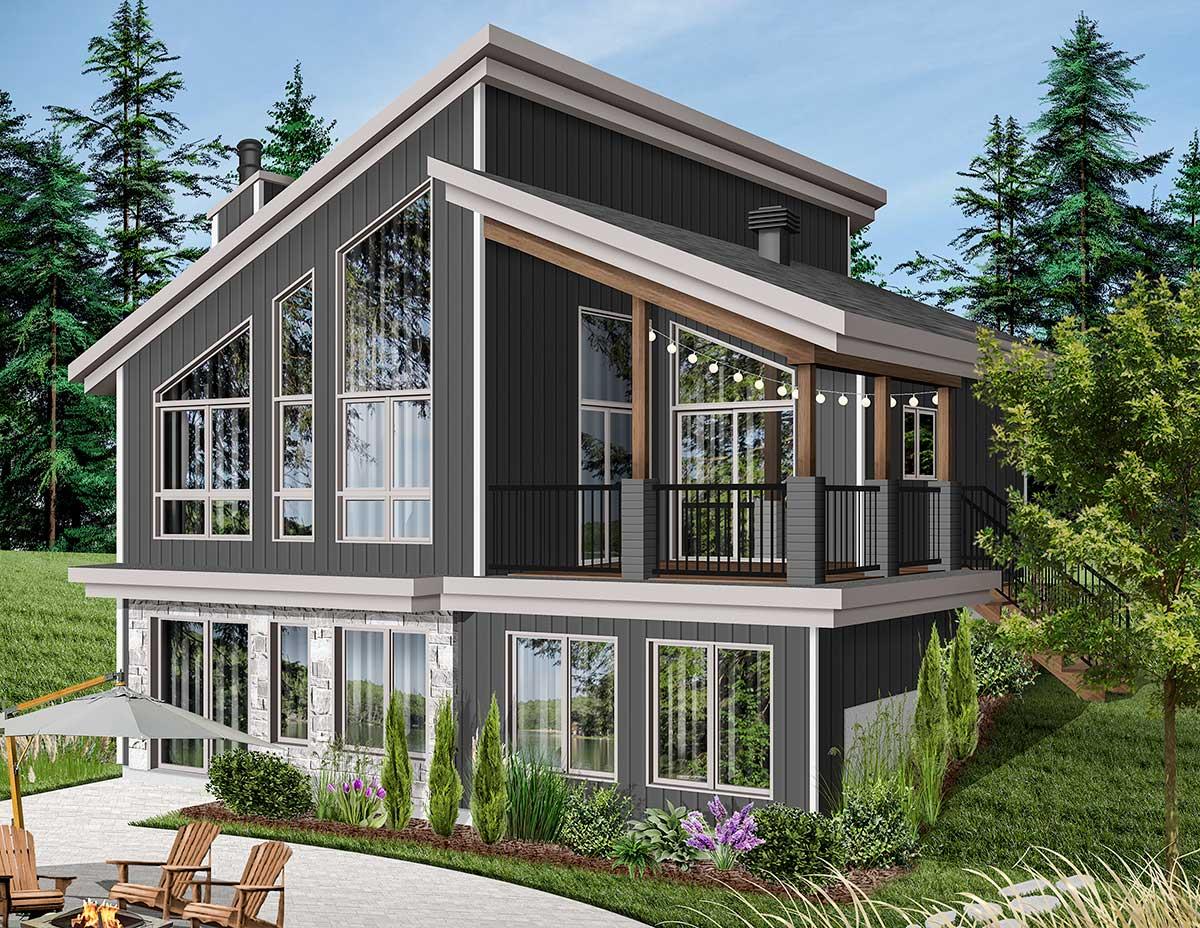 Modern house plan exterior with multiple gables, a two-story design, and a covered balcony with string lights.
