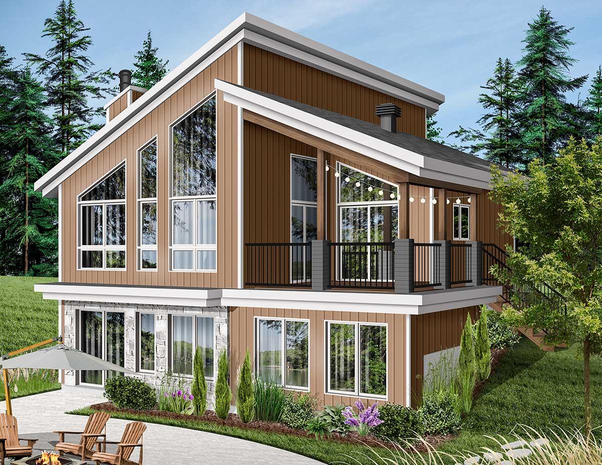 Modern house plan exterior with a steep gable roof, multiple floor-to-ceiling windows, and a wraparound deck.