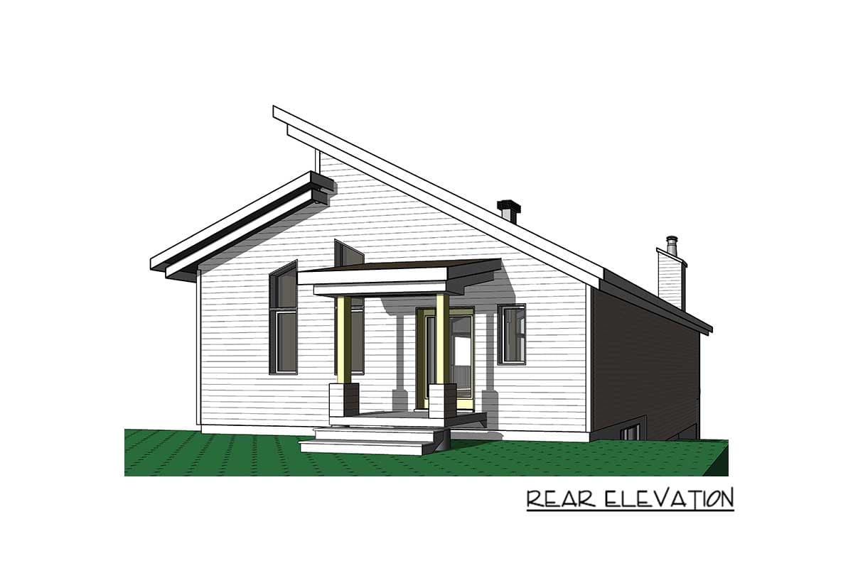 Rear elevation of a single-story house plan featuring a covered porch with square columns, a prominent gable roof, and horizontal siding.