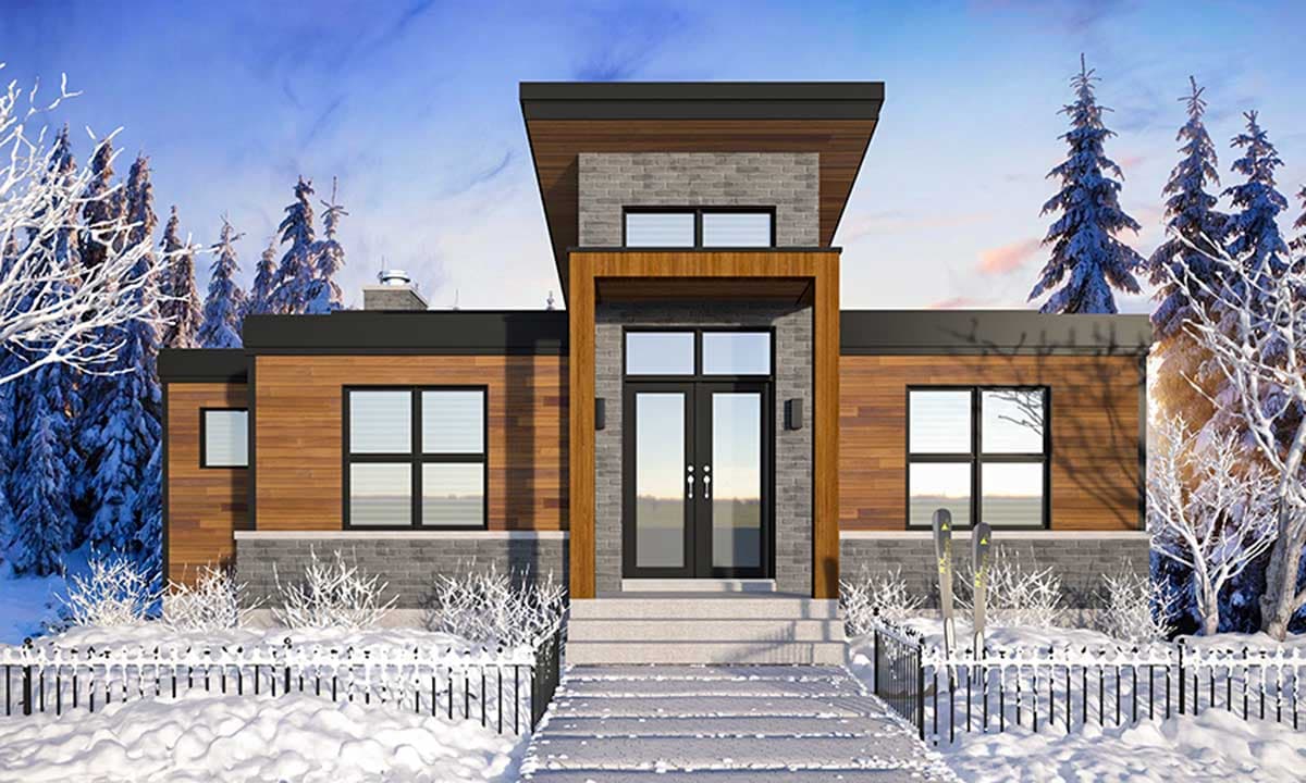 Modern house plan exterior with wood siding, stone accents, double front doors, and large windows.