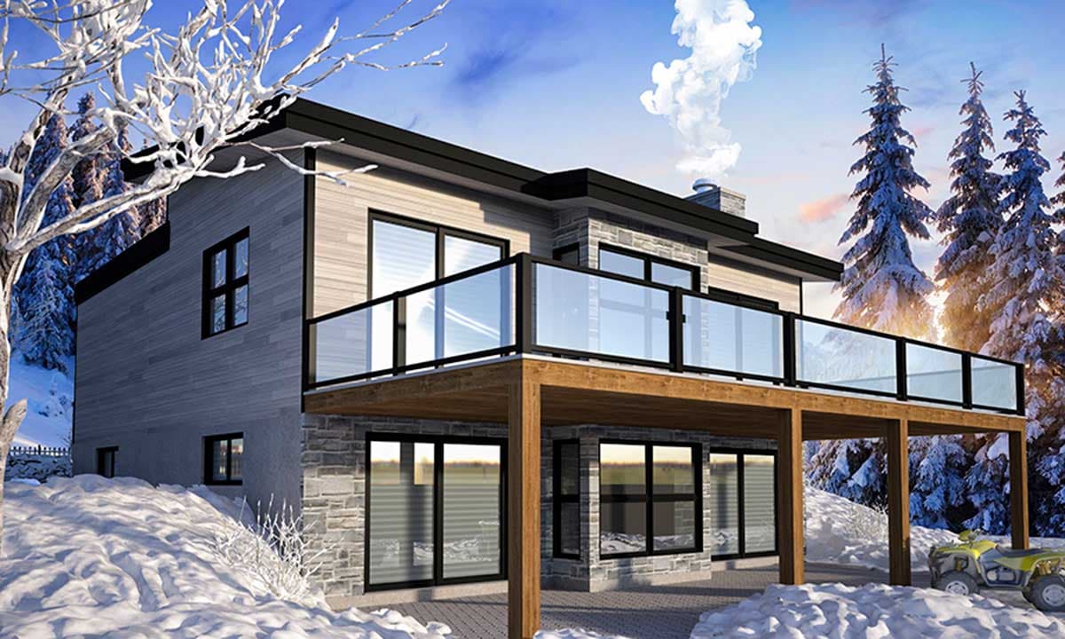 Modern house plan exterior with stone and wood siding, large deck, and prominent windows.