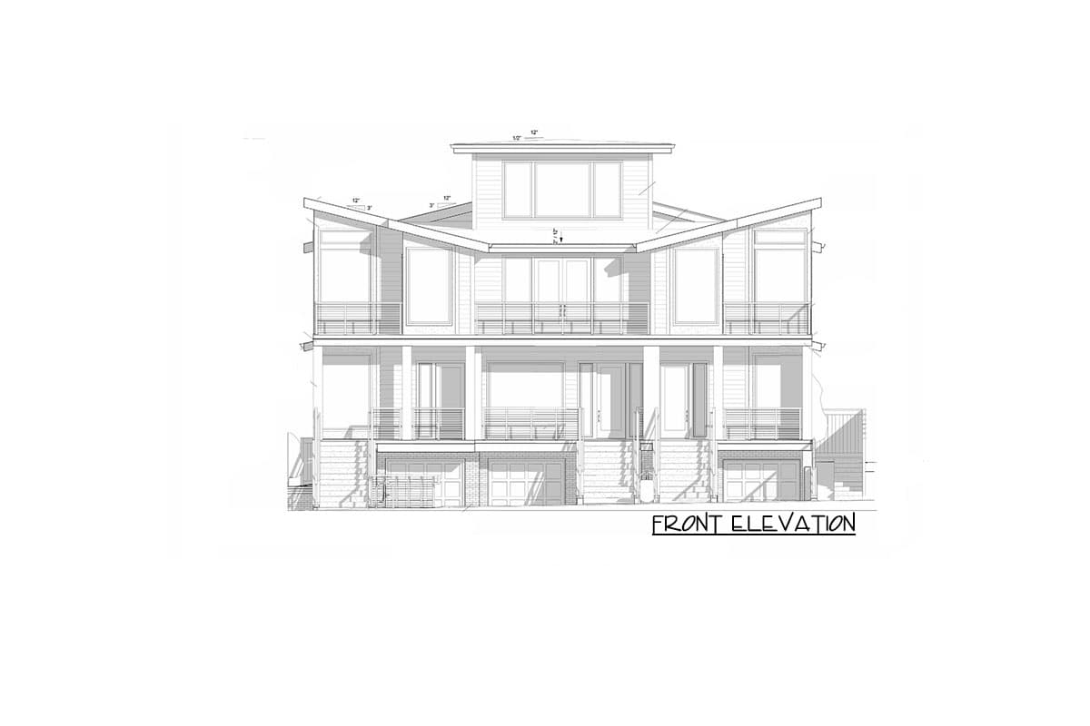 Front elevation drawing of a three-story house with a modern design, featuring angled rooflines, balconies, and multiple garage doors.