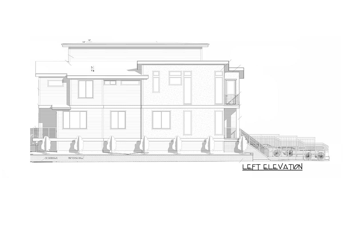 Left elevation drawing of a two-story house plan with varied window styles, balconies, and a multi-level deck and staircase.