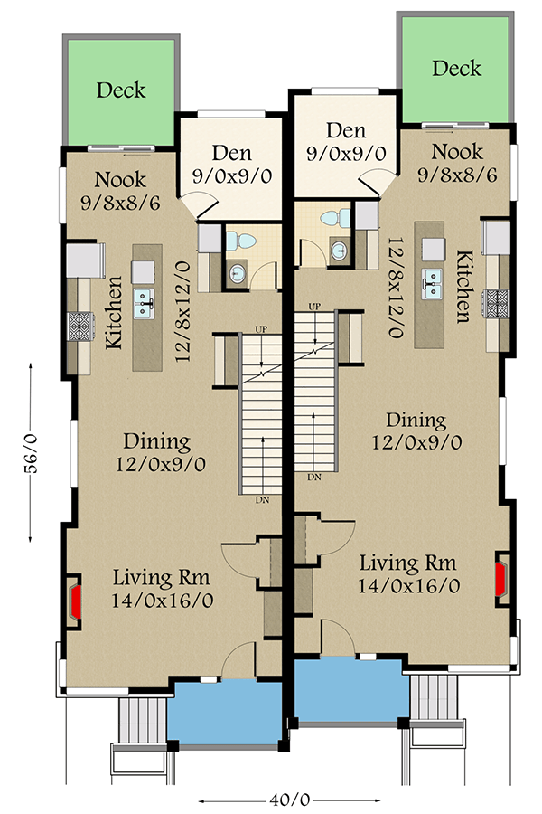 Plan 85260MS: Modern Two-Family House Plan with Matching 3-Bed Units - Floor Plan - Main Floor - Contemporary, Modern, Northwest