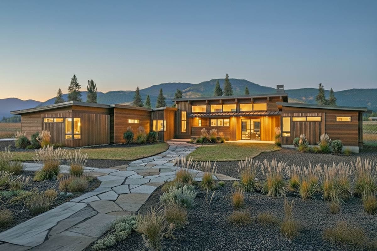 Modern house plan exterior with horizontal wood siding, low-pitched rooflines, and extensive glass windows.