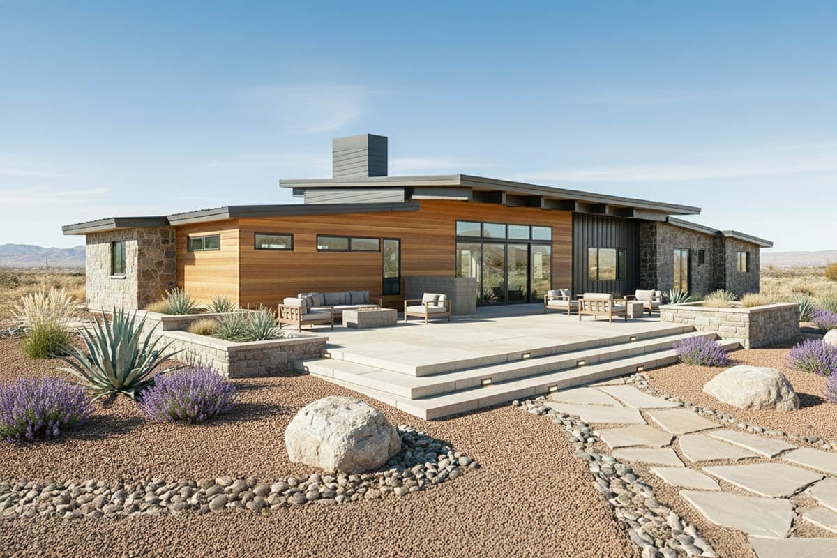 Modern single-story house plan exterior with stone and wood siding, low-slope roof, and extensive patio.