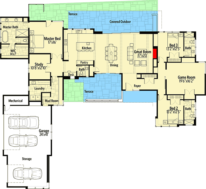 Plan 54232HU: Distinctive 3-Bed Contemporary Home Plan with Game Room - 3338 Sq Ft - Floor Plan - Main Level - Contemporary, Mid Century Modern, Modern, Mountain
