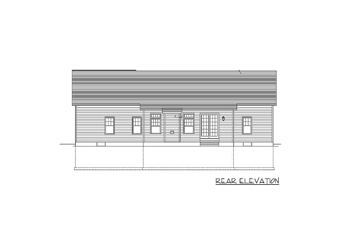 Rear elevation drawing of a house plan featuring horizontal siding, multiple windows, a central door, and a pitched roof.