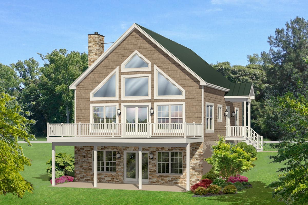 House plan exterior. Two-story, gable roof home with a deck, stone facade, and large triangular and rectangular windows.
