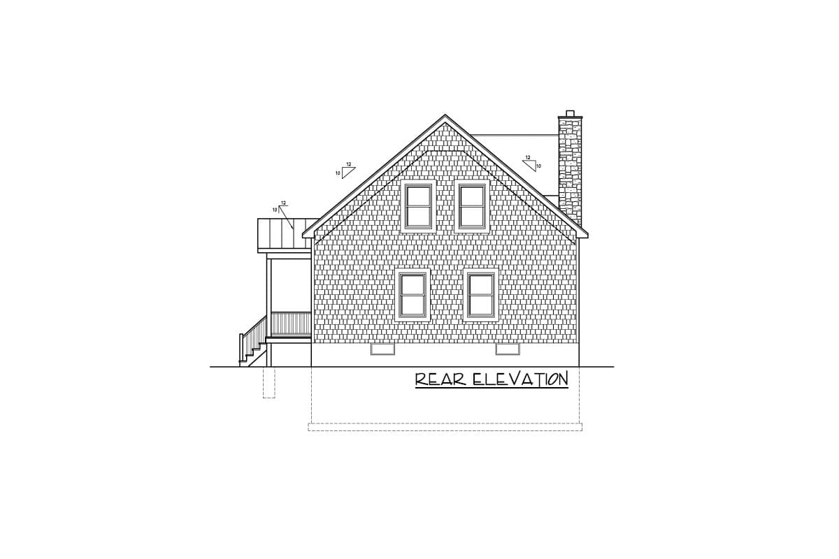 Rear elevation drawing of a two-story house plan with shingle siding, a porch, and a prominent stone chimney.