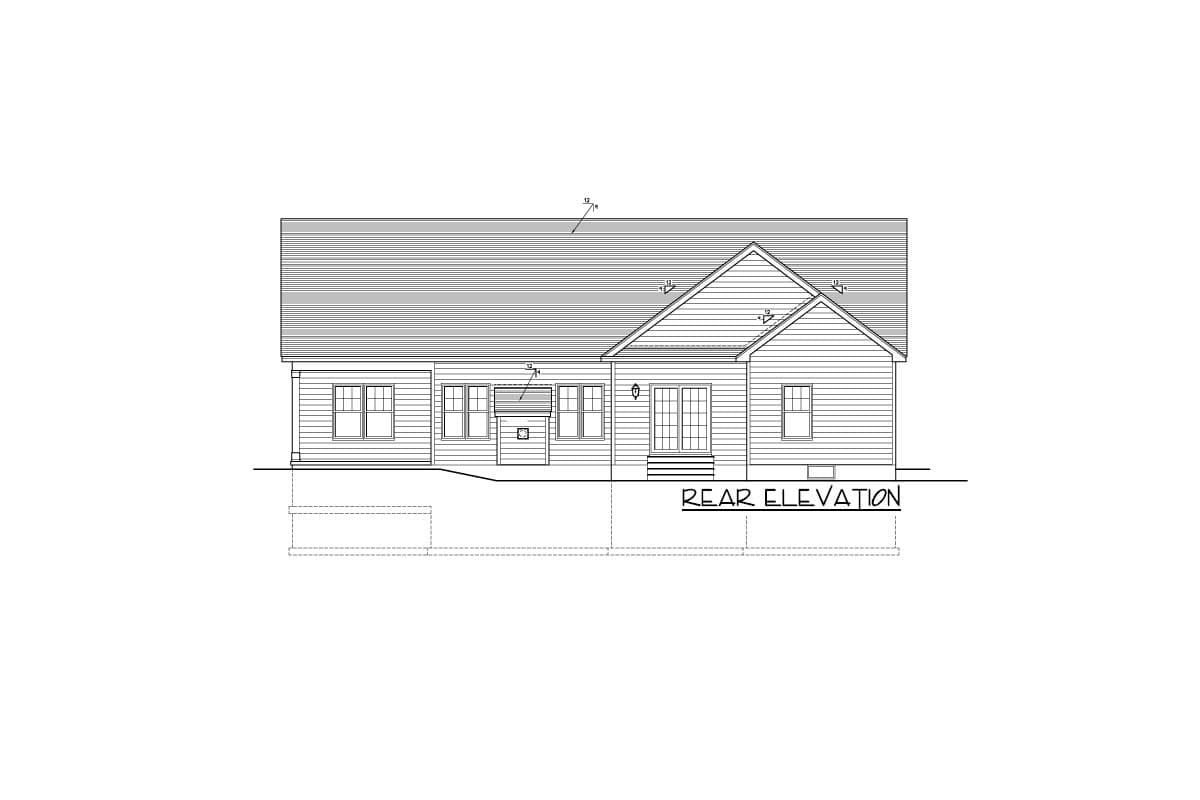 Rear elevation drawing of a house plan featuring horizontal siding, multiple windows, and a prominent gable.