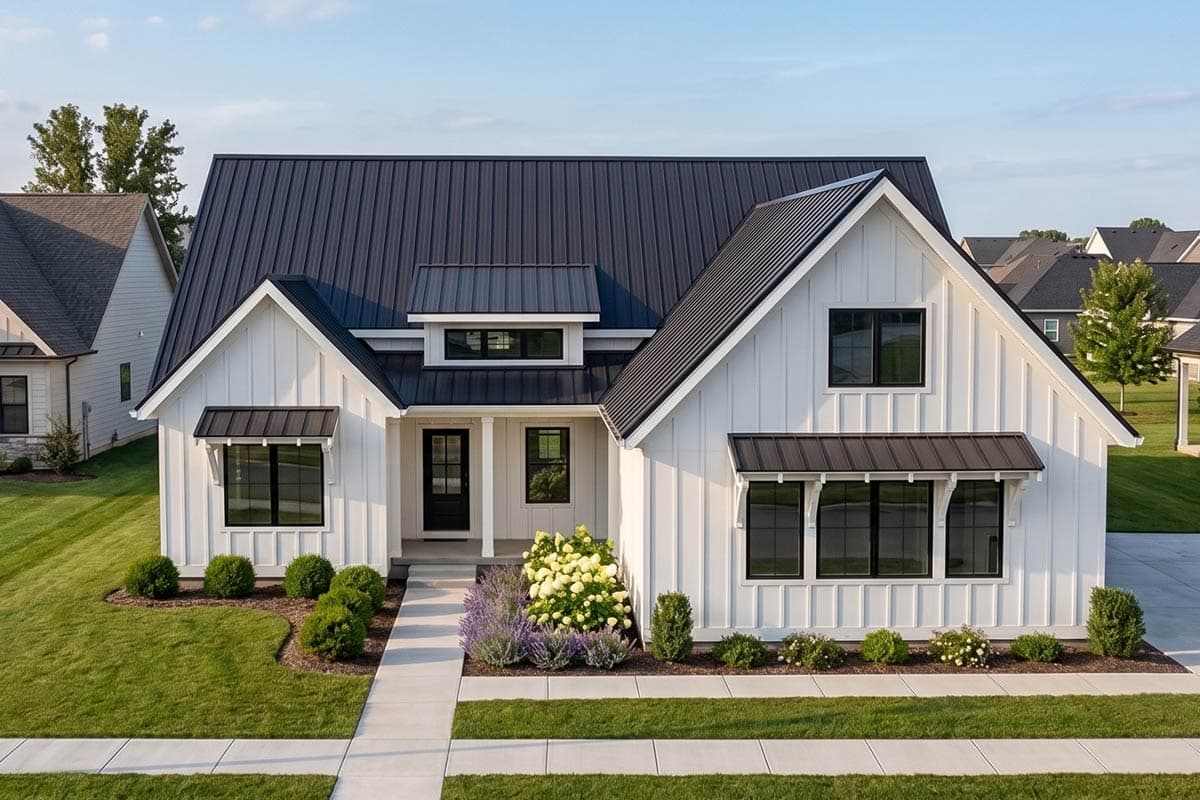 Modern Farmhouse house plan exterior with white board and batten siding, dark metal roof, gables, and prominent dormer.