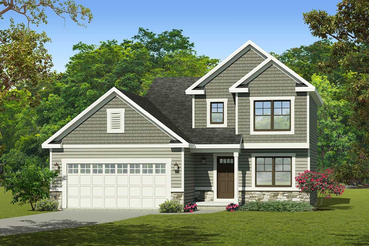 House plan exterior. Two-story Craftsman with gabled roof, stone accents, and front-facing garage. Features include dormers and a covered entry.
