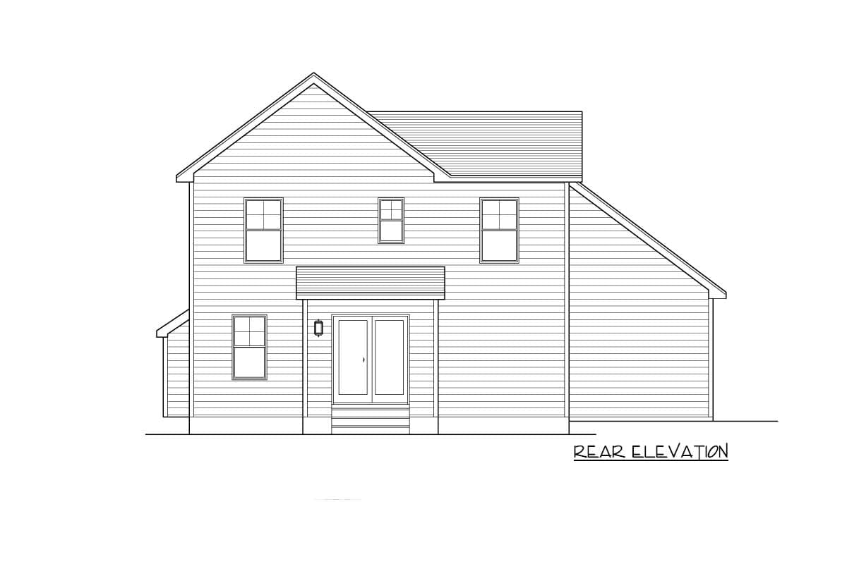 Rear elevation drawing of a two-story house plan with double doors, two upper windows, and one lower window.