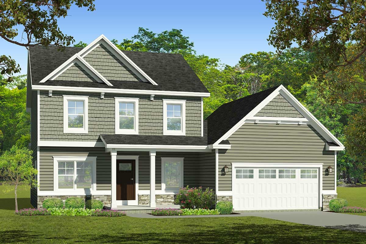 Two-story house plan exterior with gabled roof, front porch, and attached garage. Features clapboard siding and decorative trim details.