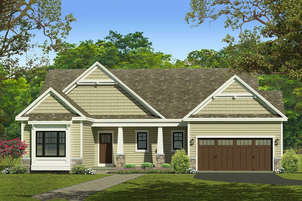House plan exterior. Craftsman style, one story, with gables, porch with columns, and attached garage. Shingle siding and a dark brown garage door.