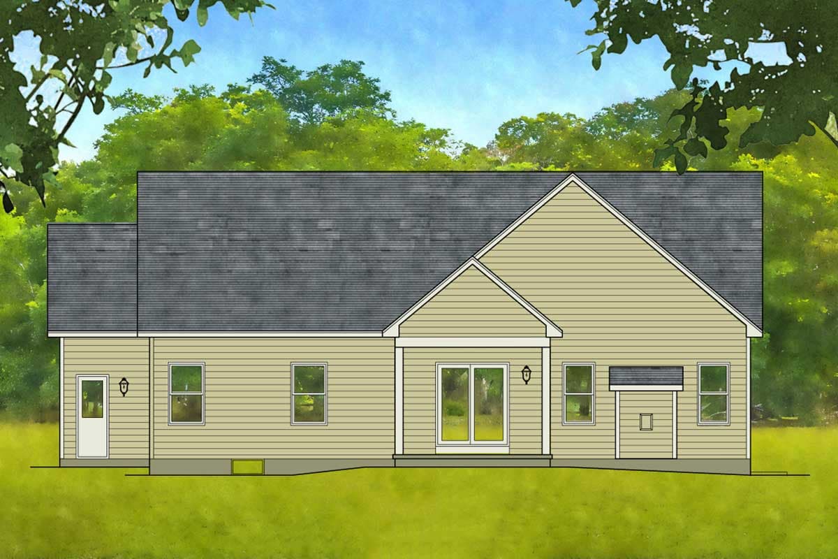 House plan exterior, one story, with gable roof, covered entry with sliding glass doors, and corner front door.