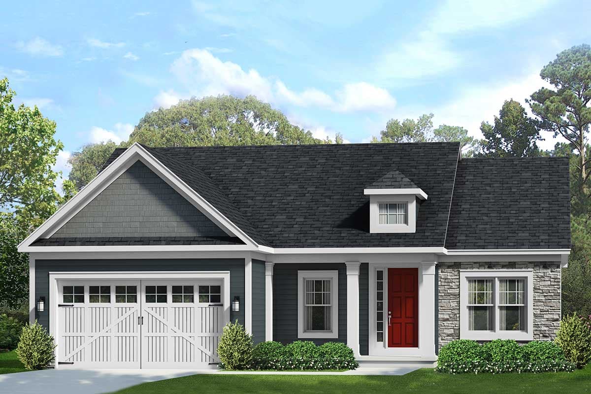 House plan exterior. Ranch-style home with a single story, front-facing garage, gables, and a dormer. Features a red front door and stone veneer.