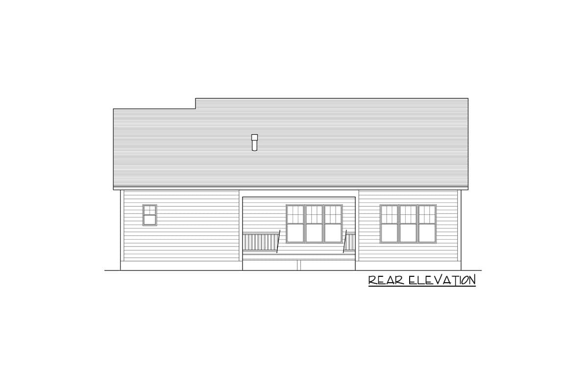 Rear elevation of a house plan showing a porch with railing, multiple windows, and a pitched roof with a single dormer.