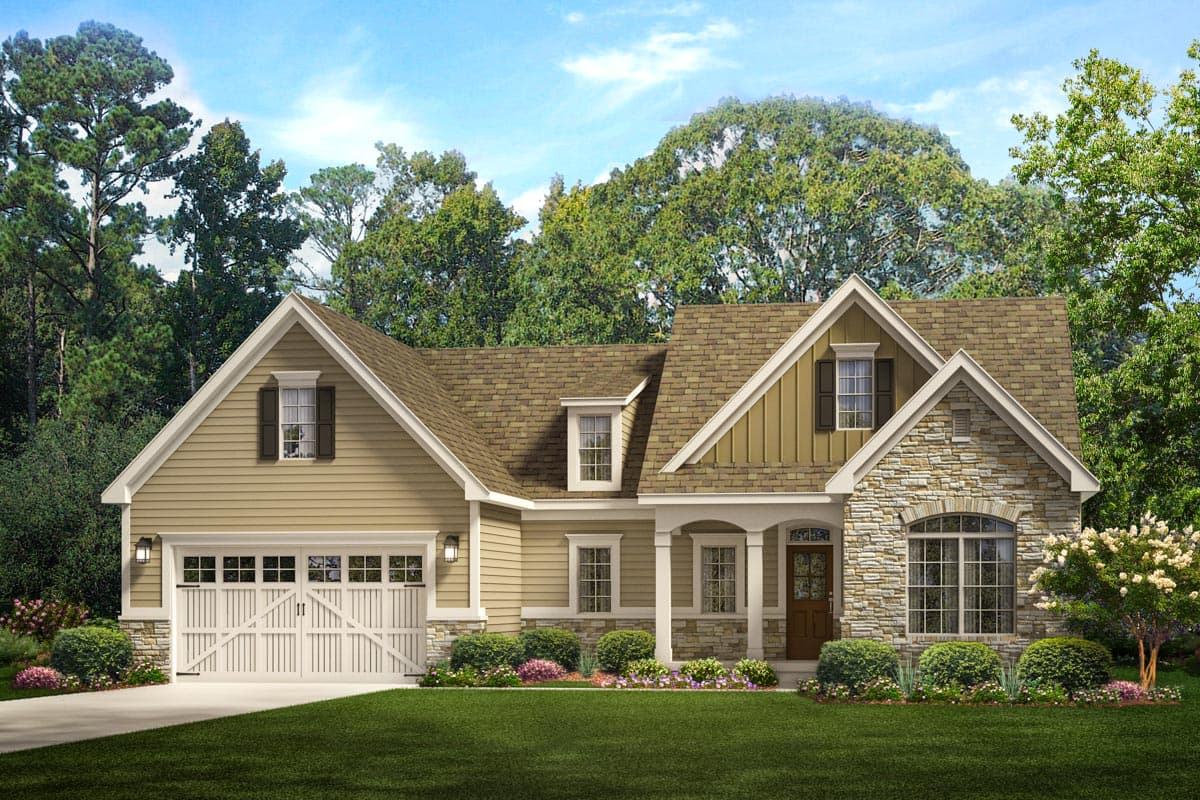 House plan exterior. Craftsman style, one-story home with gables, stone facade, and a covered porch. Attached garage with carriage-style doors.