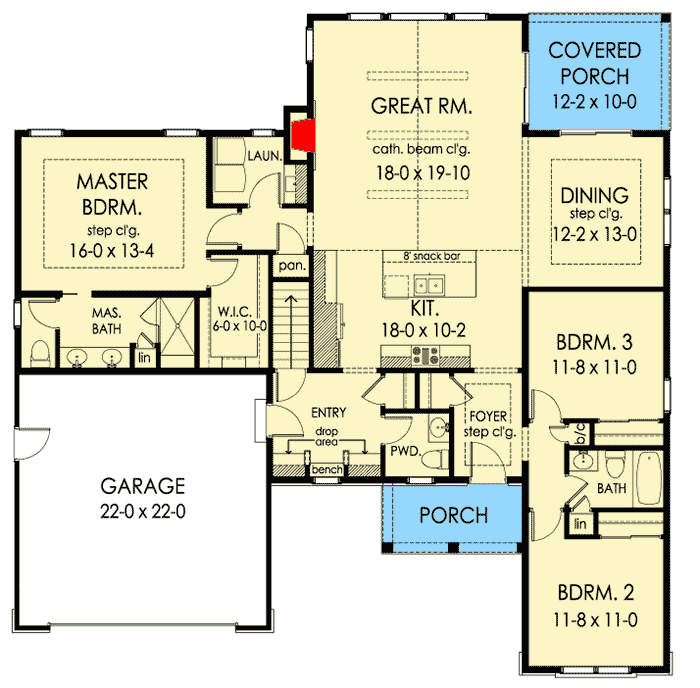 Plan 790030GLV: Inviting 3-Bedroom Open-Concept Craftsman Ranch Home Plan - Floor Plan - Main Level - Craftsman, Ranch, Traditional