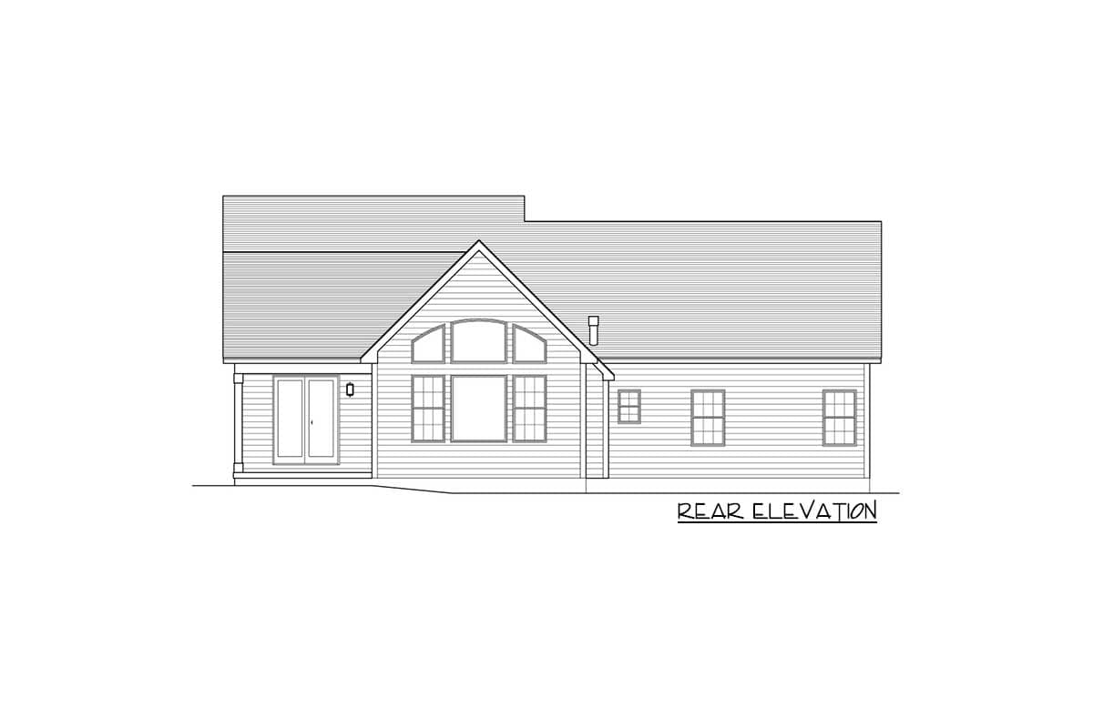 Rear elevation drawing of a house plan featuring a gabled roof, dormers, and a series of windows.
