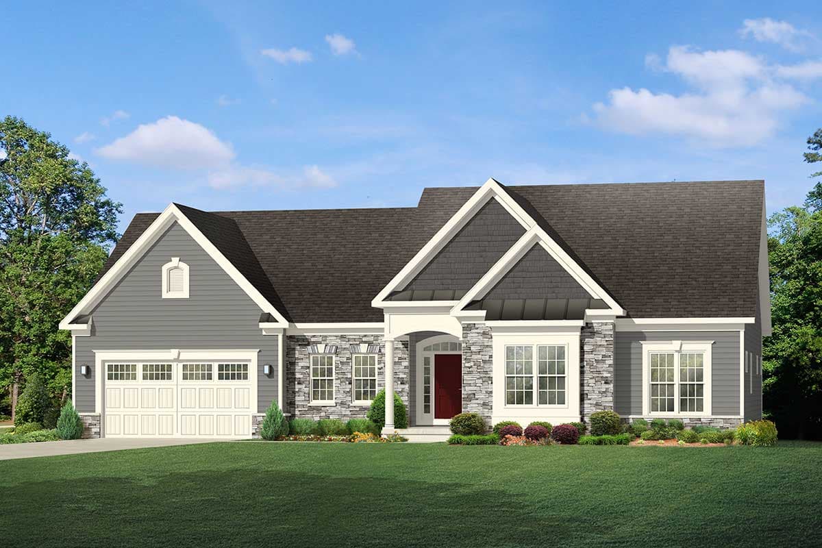 House plan exterior featuring a single-story design, a gabled roof, stone accents, and a front-entry portico.