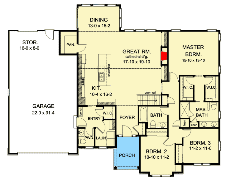 Plan 790031GLV: One Level Traditional House Plan - 2006 Sq Ft - Floor Plan - Main Level - Ranch, Traditional