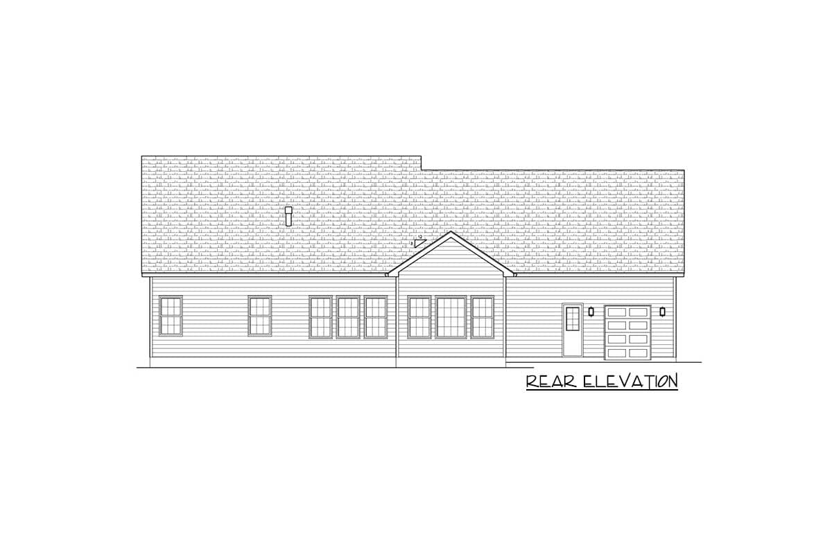 Rear elevation house plan showing a single-story structure with a pitched roof, multiple windows, and an attached two-car garage.