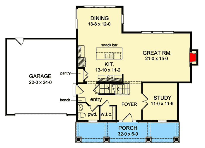Plan 790032GLV: Country Colonial with 3 Bedrooms and Bonus Over the Garage - 2050 Sq Ft - Floor Plan - Main Level - Colonial, Country, Craftsman, Traditional